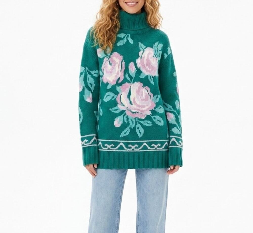 Tuckernuck Juniper Green Dahlia Turtleneck Sweater XS Floral Intarsia Knit NWT